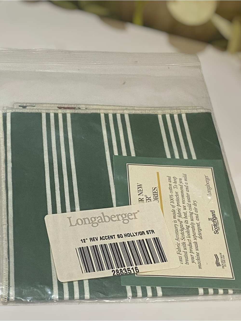 Vintage Longaberger 12” Fabric Square Holly/Green Strip New in Package